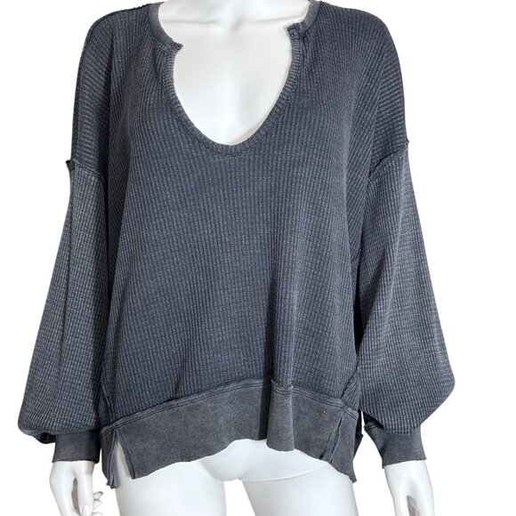 We The Free Tops - We The Free Buttercup Waffle Knit Pullover Womens S Black Cotton Blend V Neck